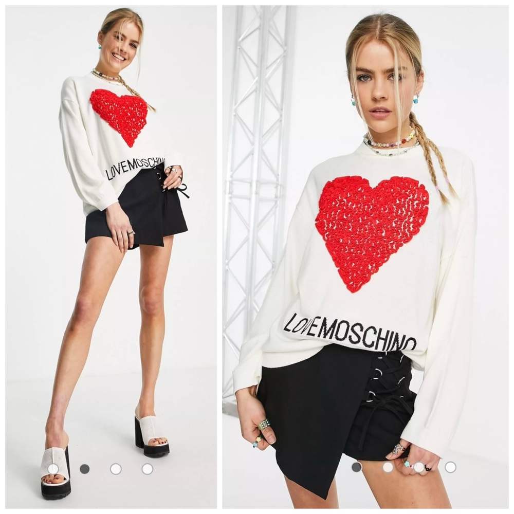 NEW Love Moschino Embroidered Heart Logo Sweater Cuoro Rosso